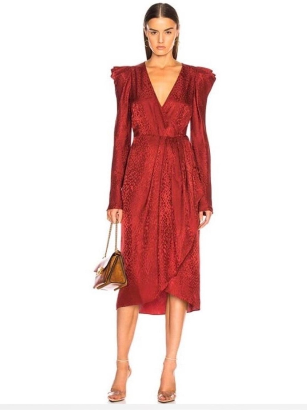 A.L.C. Carolina Silk Wrap Dress Crimson Puff Shoulder Midi Length V Neck Size 10